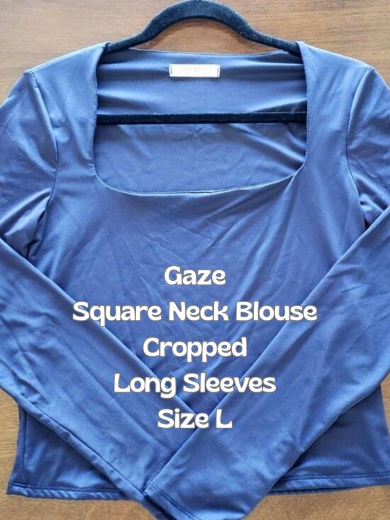 Gaze Tops - Gaze - Square Neck / Cropped Blouse - Long Sleeves - Navy Blue - Women Size L